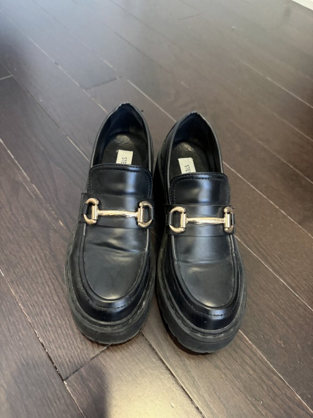 Steve Madden Black Chunky Platform Lug Sole Loafers Gold Horsebit Size 6 - Picture 3 of 3